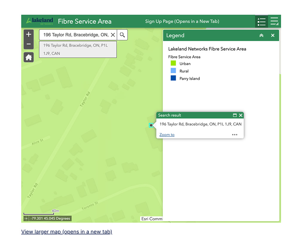 Fibre service area map on Lakeland website