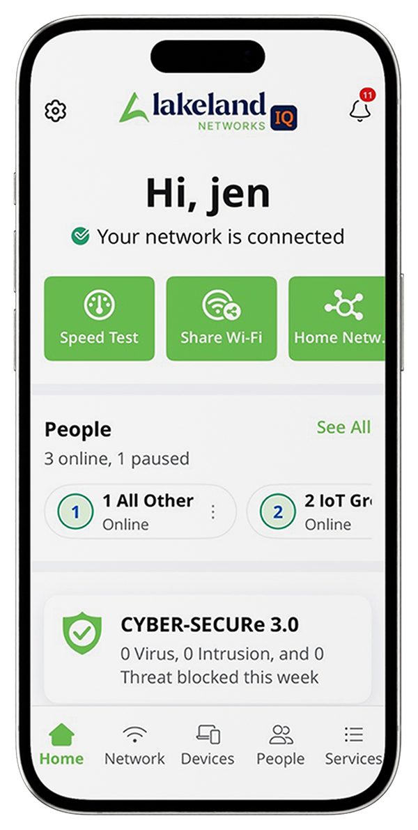 Image of a phone with the Lakeland Networks IQ app screen showing